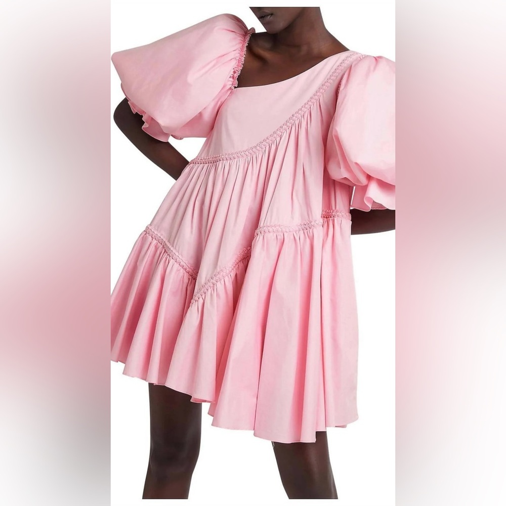 AJE Casabianca Braided Asymmetric Puff Sleeve Dress